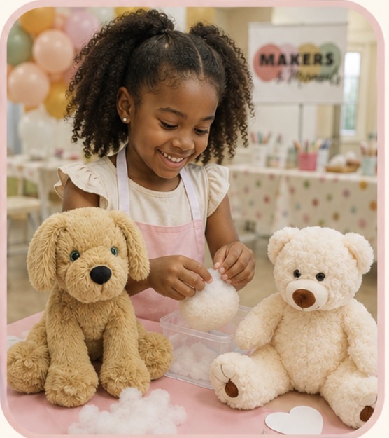 A guest stuffing her plush at the fluff station