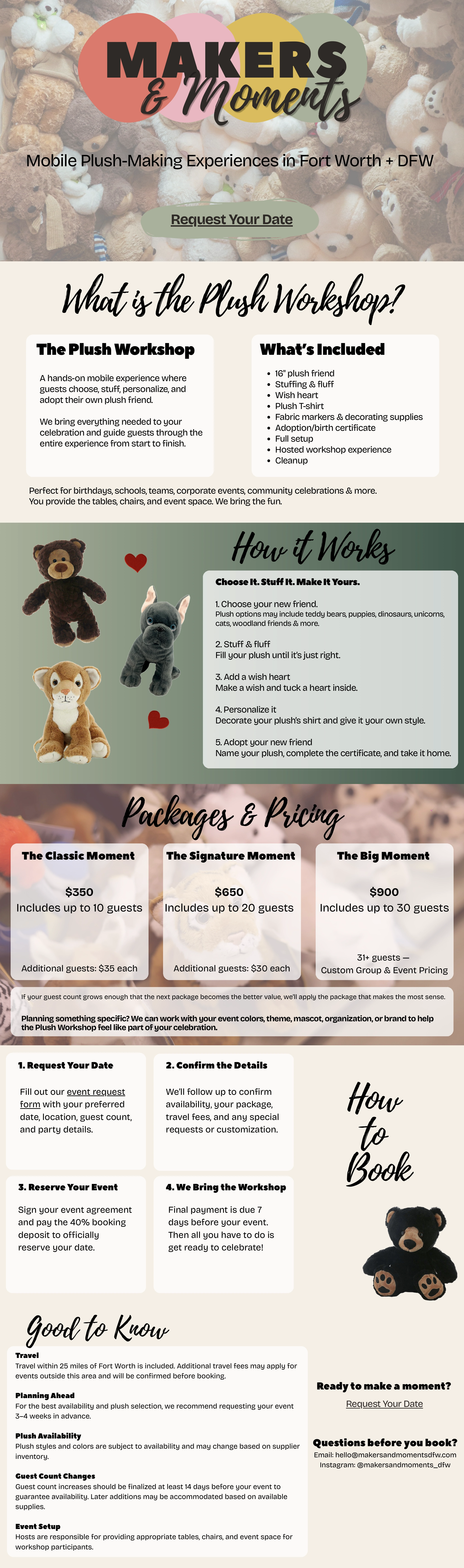 Makers & Moments mobile plush-making workshop information, packages, pricing, booking details, and contact information.